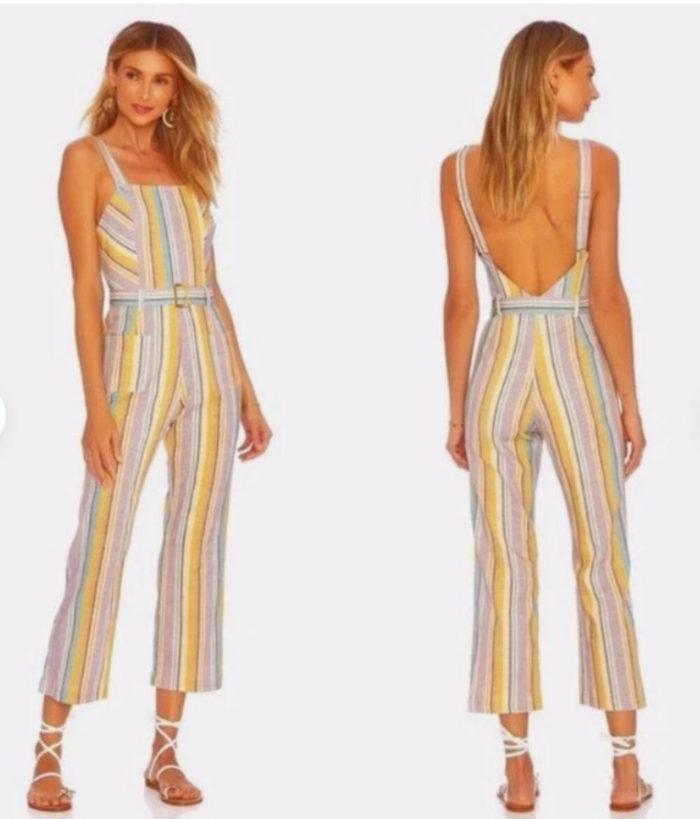Ellejay Holly Striped Cropped Jumpsuit Rainbow Pastel One Piece Women's L 3703